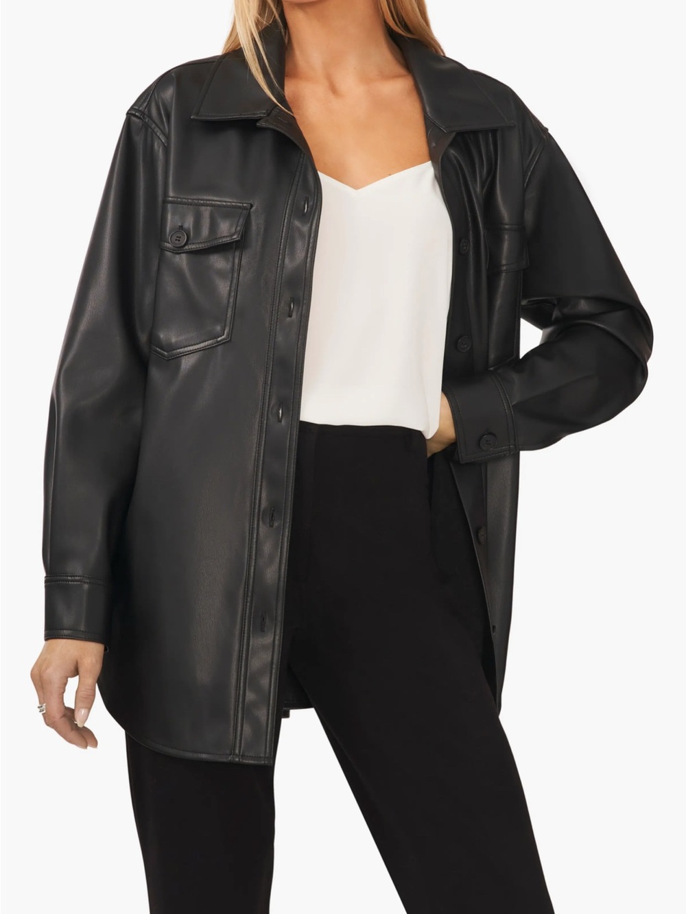 Halogen Black Faux Leather Shirt Jacket- Large